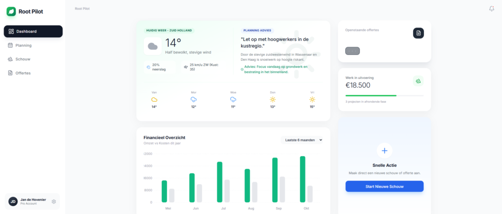 Een webapp met een dashboard voor een hovenier. Je kan het weerbericht zien, de omzet van de afgelopen maanden, een planning maken en nog veel meer.