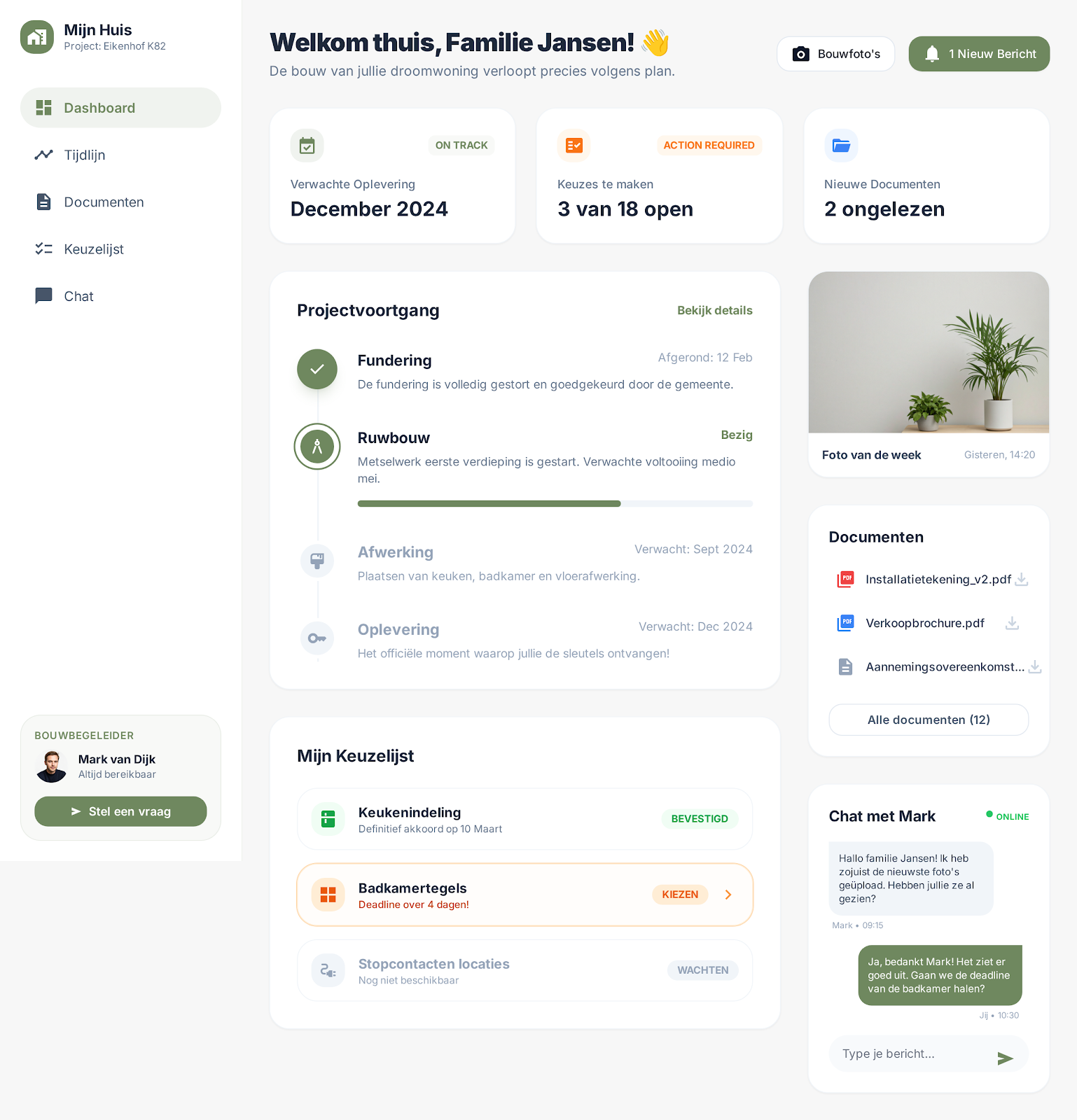 Een klantdashboard, waardoor een familie kan meekijken met de status van de bouw van hun huis